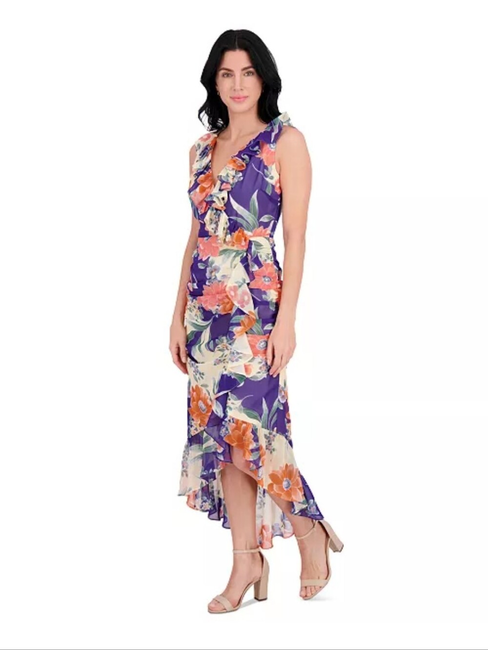 Kensie NWT Floral Ruffle Maxi Dress Size 4 Purple Orange Chiffon $138